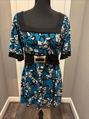 Studio 1940 Babydoll Blue Black White Printed Tunic with Belt